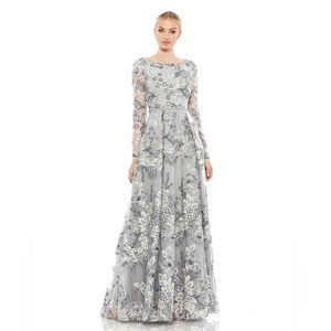 Mac Duggal Floral Embellished Illusion‎ Sleeve Embroidered A-Line Gown- NWT